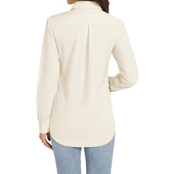 Button Down Long Sleeve Stretch Solid Work Shirt Beige - Picture 3 of 6